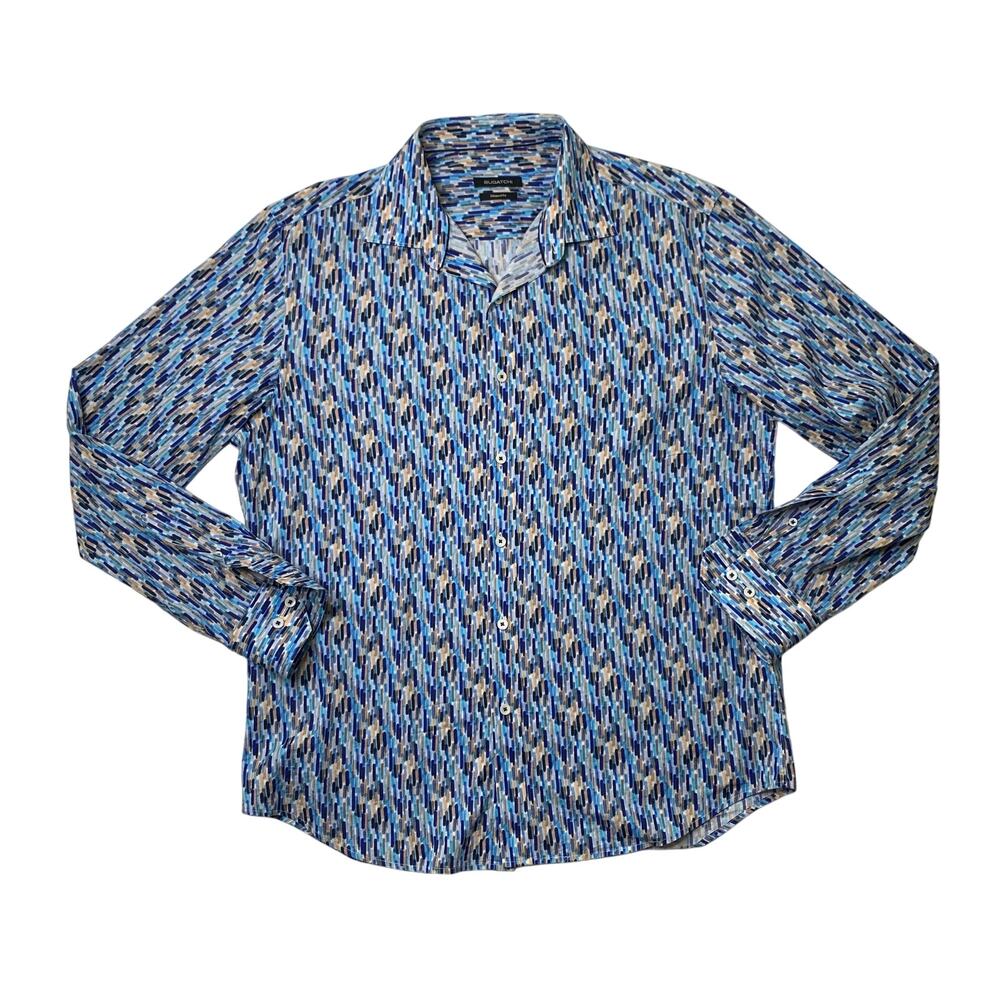 BUGATCHI Shirt Mens L Large Shaped Fit Abstract Geo Spread Collar Button Up